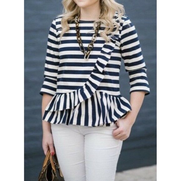 J. CREW Women's Ivory White Navy Striped Peplum Top MEDIUM Asymmetrical Cotton - Picture 3 of 11